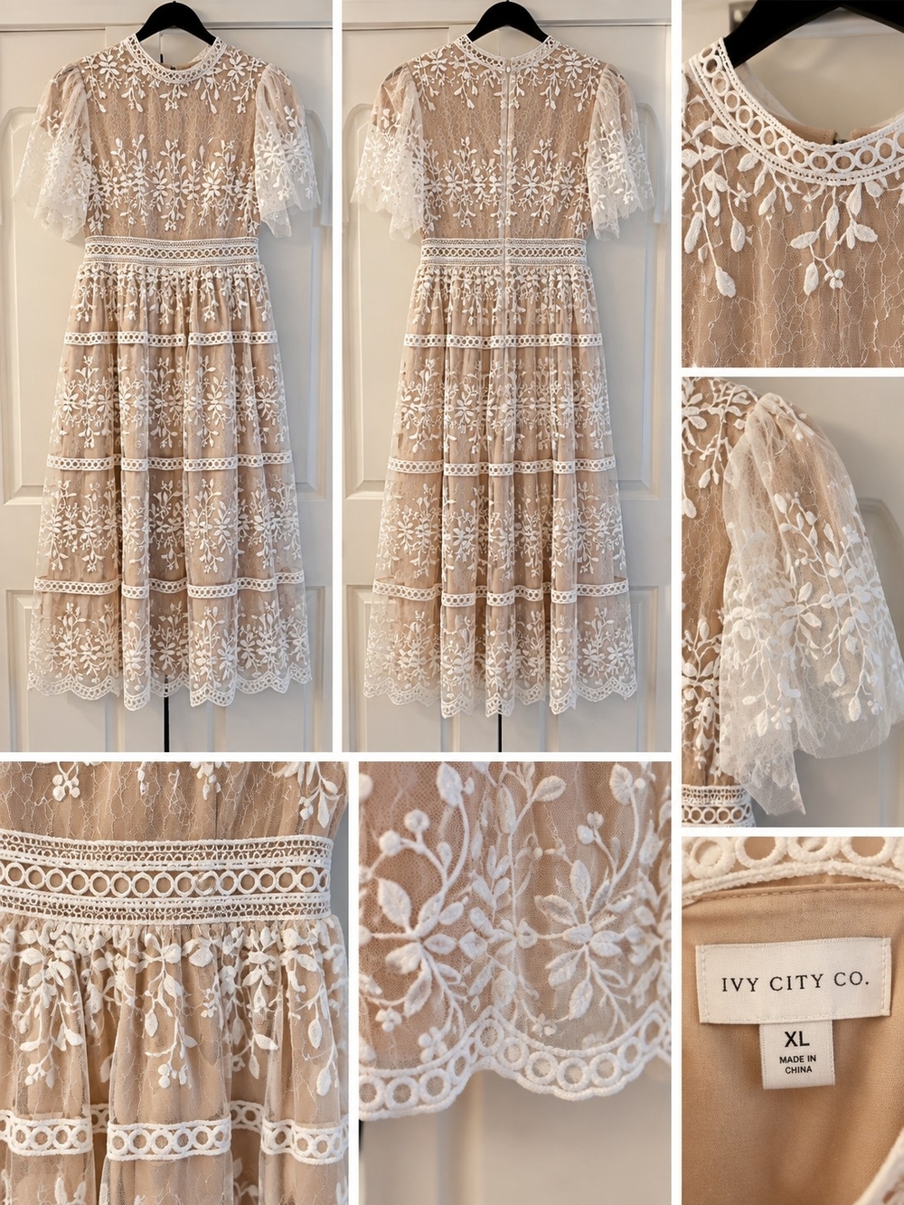 Ivy City Co Beige Midi Dress with White Floral Embroidery